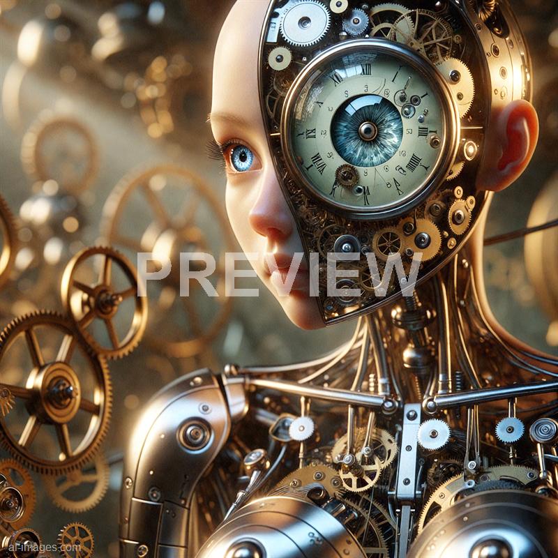 The image depicts a highly detailed and intricate humanoid robot with a partially exposed mechanical and electronic structure. The robot's face combines realistic human features with a visible array of gears, cogs, and clockwork mechanisms, especially on the right side, which includes a prominent clock face with Roman numerals and an eye that resembles a human iris. Its left eye appears natural with a blue iris, contrasting with the mechanical elements. The background is filled with more gears and machinery, emphasizing the complex, steampunk-inspired design.